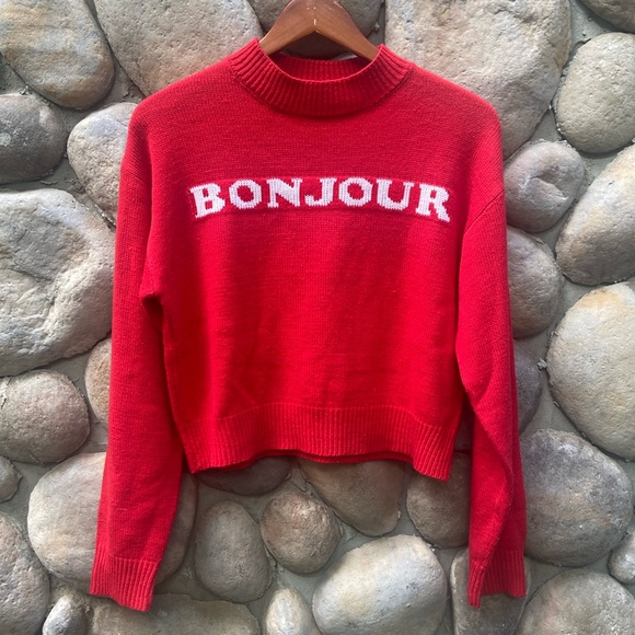 Forever 21 Sweaters - FOREVER 21 Red/ White Bonjour Cropped Long Sleeve Sweater
